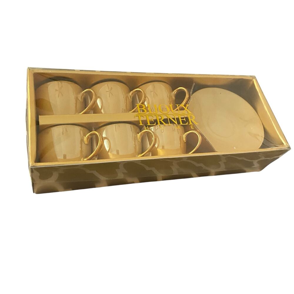 NWT Bijoux Terner Home Golden Cream Enamel Expresso Coffee Cup and Plates Set